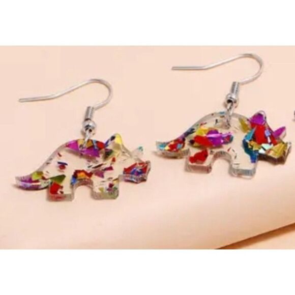 New! Adorable Triceratops Dinosaur Colorful Acrylic Foil Filled Cute Dangle Earr - Picture 1 of 3